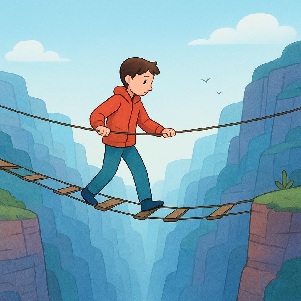 A small figure carefully walking across a single, thin rope bridge suspended high above a deep canyon, symbolizing a risky situation.