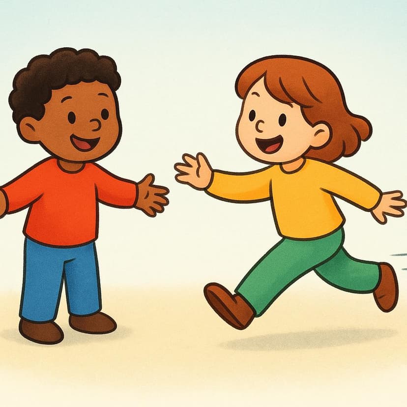 A simple illustration showing two friendly characters. One character stands still with open arms, and the other character is actively taking a large step forward towards the first character.