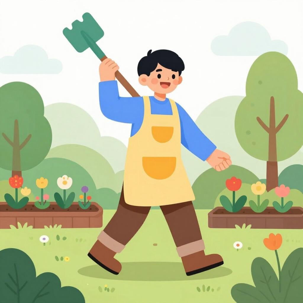 A cheerful person wearing gardening clothes, holding a watering can and a trowel, moving quickly through a bright garden.