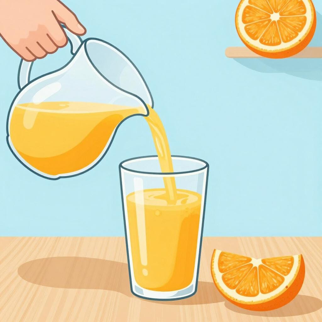 A clear glass of juice being thinned by water being poured into it.