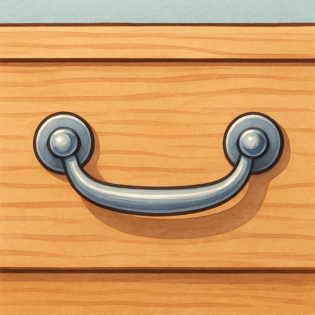 A close-up view of a small, shiny metal handle attached to the front panel of a wooden cabinet drawer.