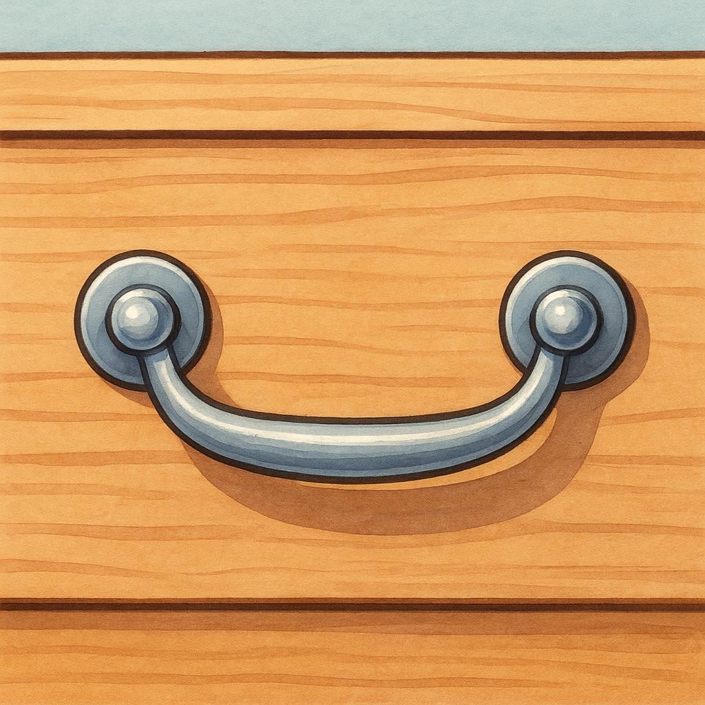 A close-up view of a small, shiny metal handle attached to the front panel of a wooden cabinet drawer.
