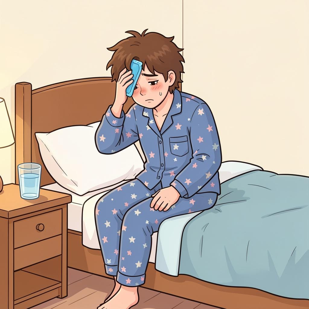 A person sitting on a bed looking tired and holding an ice pack to their head.