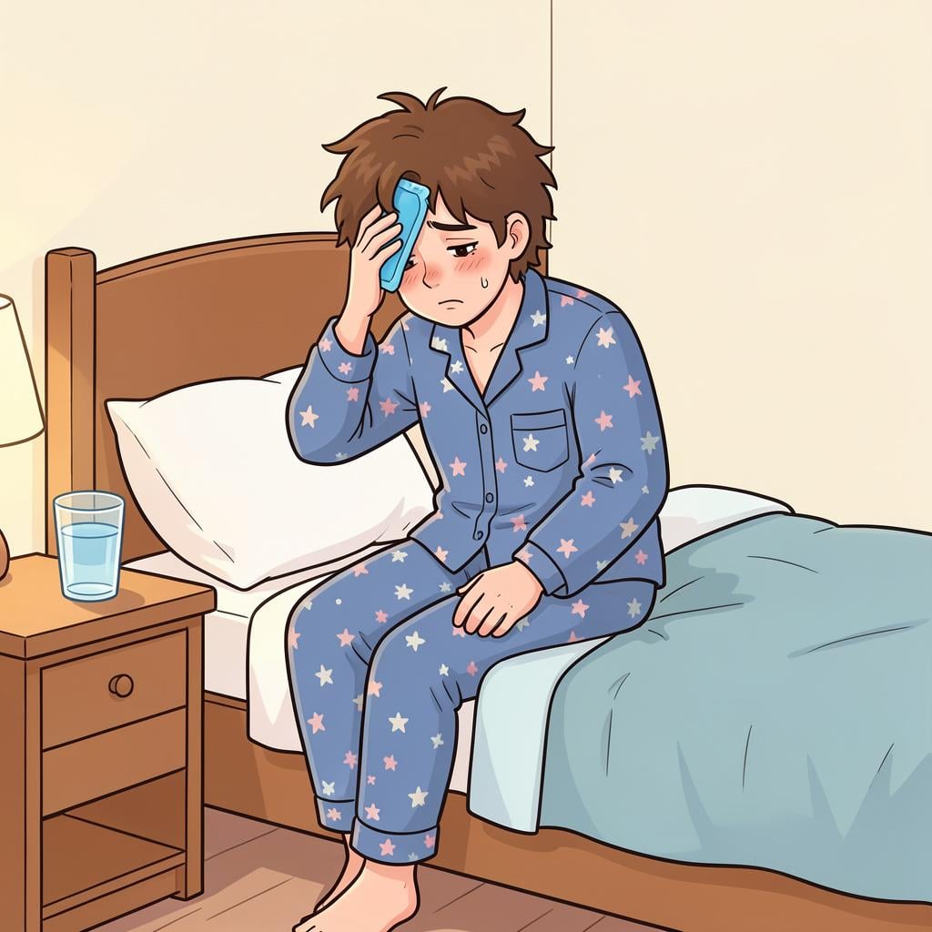 A person sitting on a bed looking tired and holding an ice pack to their head.