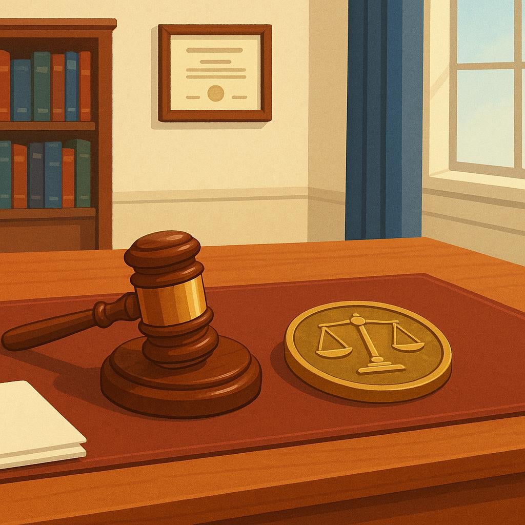 A large, simple wooden desk inside a formal, governmental office. A prominent wooden gavel rests prominently on the desk next to a seal depicting the scales of justice.