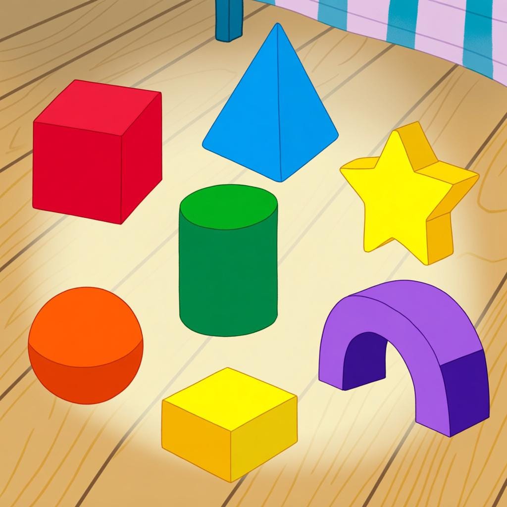 A collection of six distinct and colorful wooden blocks scattered on a floor, including a red cube, a blue pyramid, a green cylinder, a yellow star, an orange sphere, and a purple arch.