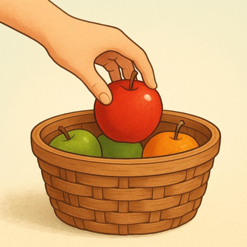 A close-up view of a hand taking a red apple out of a woven wooden basket filled with fruit.