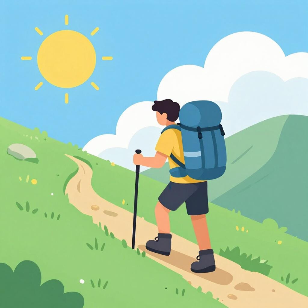 가파른 산길을 무거운 배낭을 메고 올라가는 등산객.
