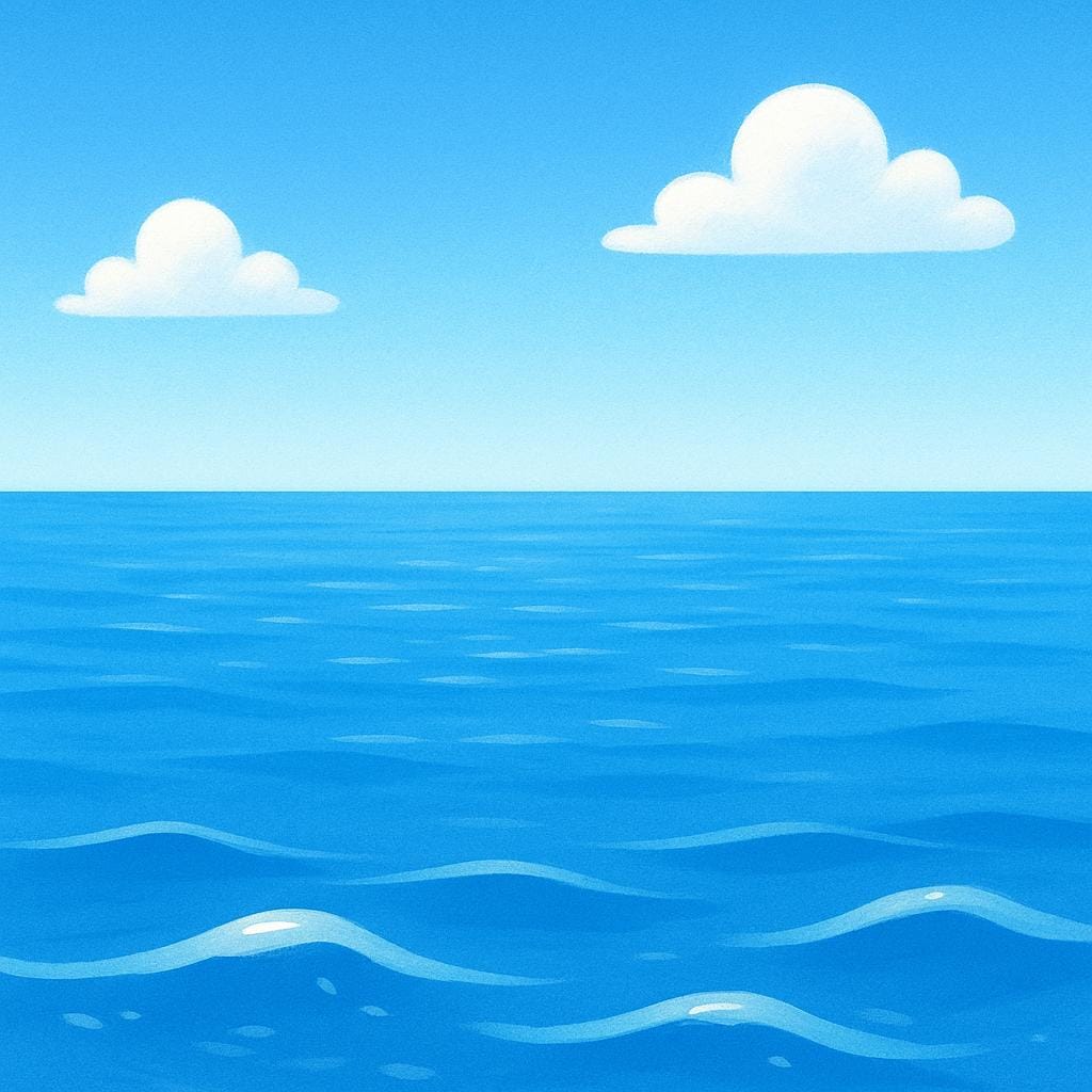 A simple storybook illustration of a calm, wide expanse of blue ocean water meeting the horizon.