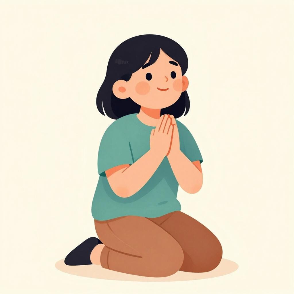 A person kneeling with their hands held together in a pleading gesture.