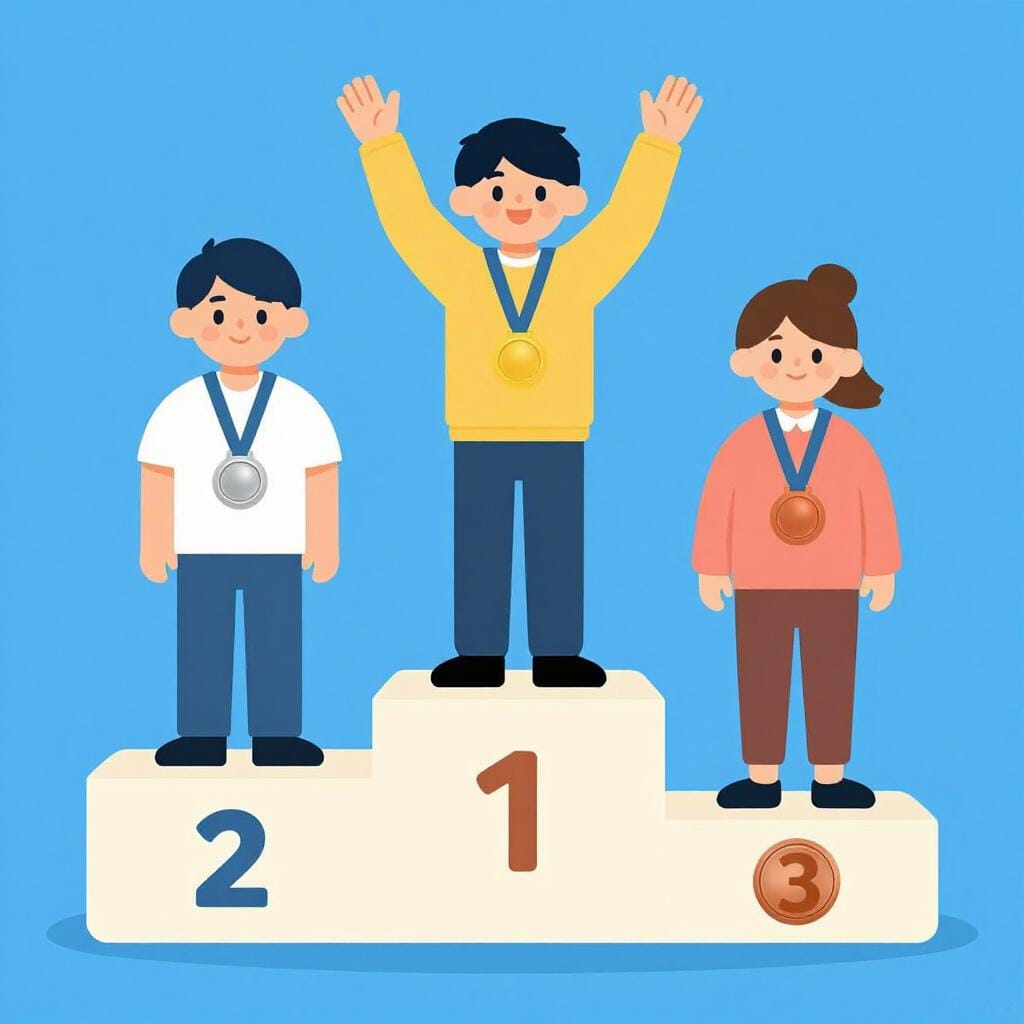 메달을 든 세 명의 선수가 있는 계단식 연단으로, 대회에서의 순위를 나타냅니다.
