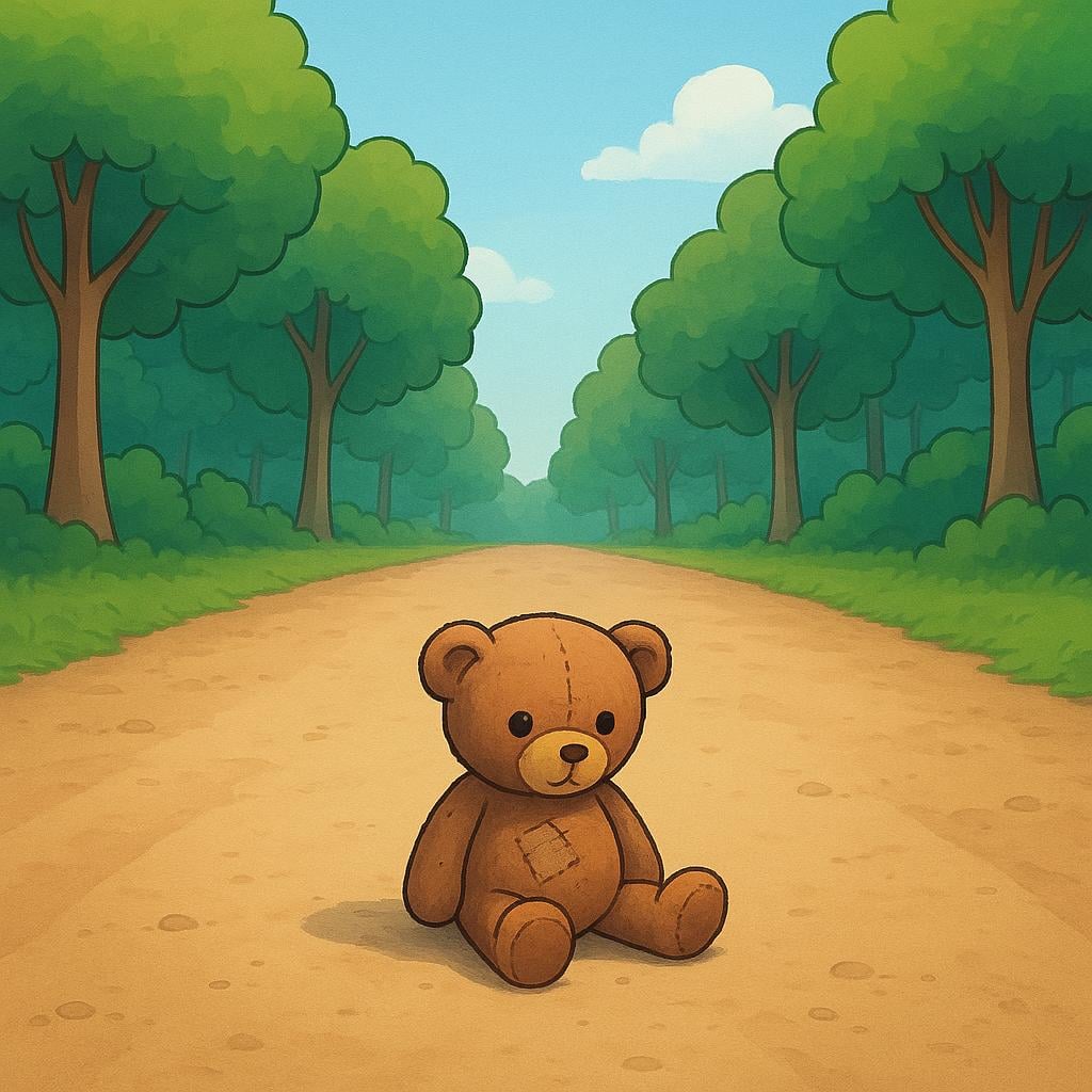 A small, worn teddy bear lying alone on a wide, empty dirt path surrounded by tall green trees in a forest, symbolizing something missing.