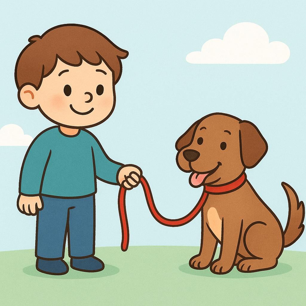 A happy child stands proudly in a green field, holding a leash attached to a cheerful brown dog, illustrating the concept of ownership.