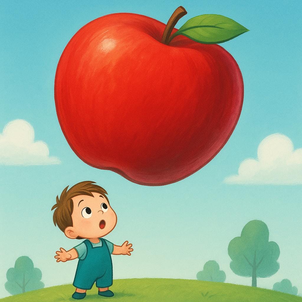 작은 아이가 풀밭 언덕에 서서, 머리 위에 떠 있는 거대하고 밝은 빨간색 사과를 경이로운 눈으로 올려다보고 있습니다.
