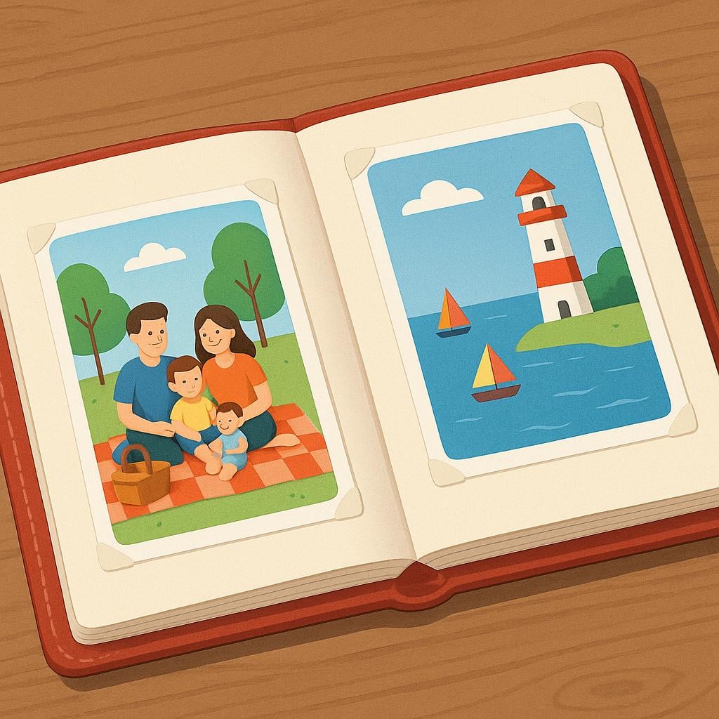 A simple, open, red photo album is resting on a surface, displaying two colorful pictures pasted inside.