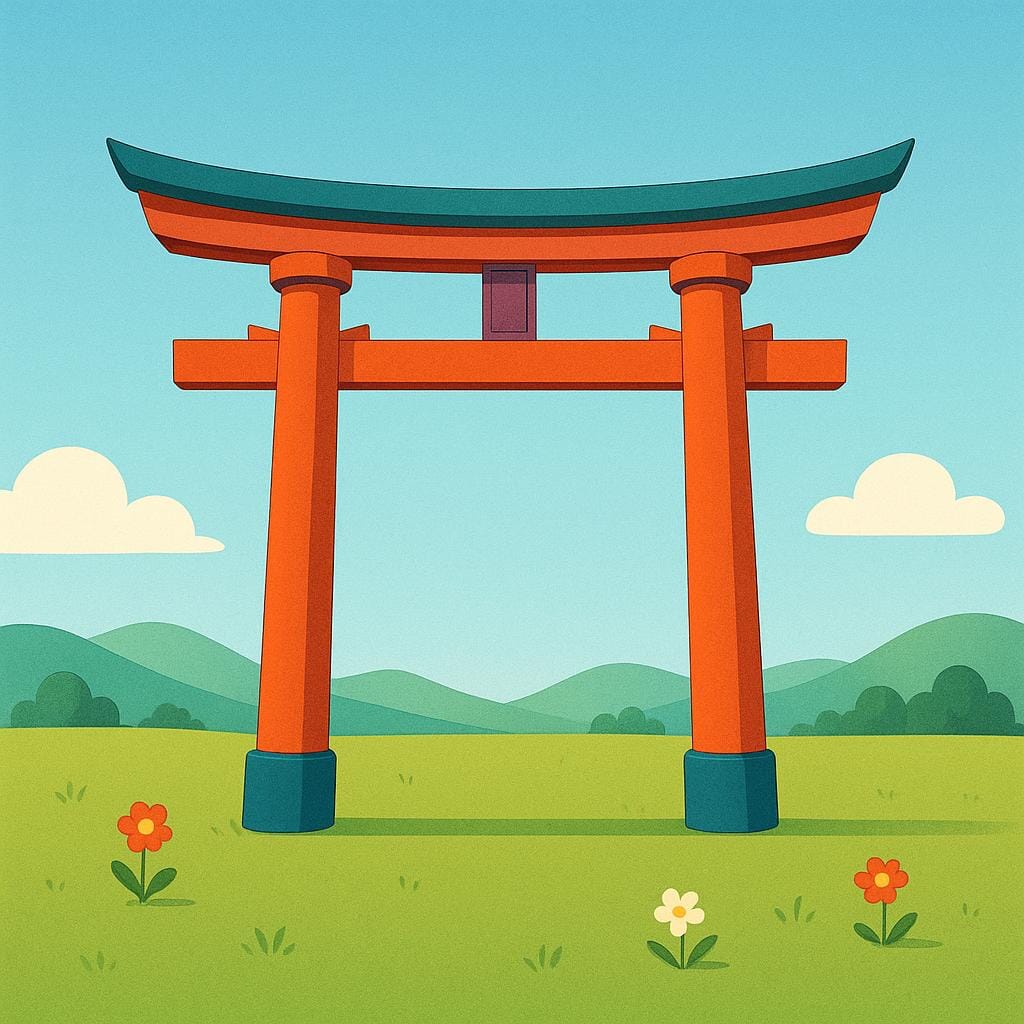 A vibrant red Japanese torii gate standing alone in a simple, generic green field under a blue sky, illustrating something foreign to the setting.