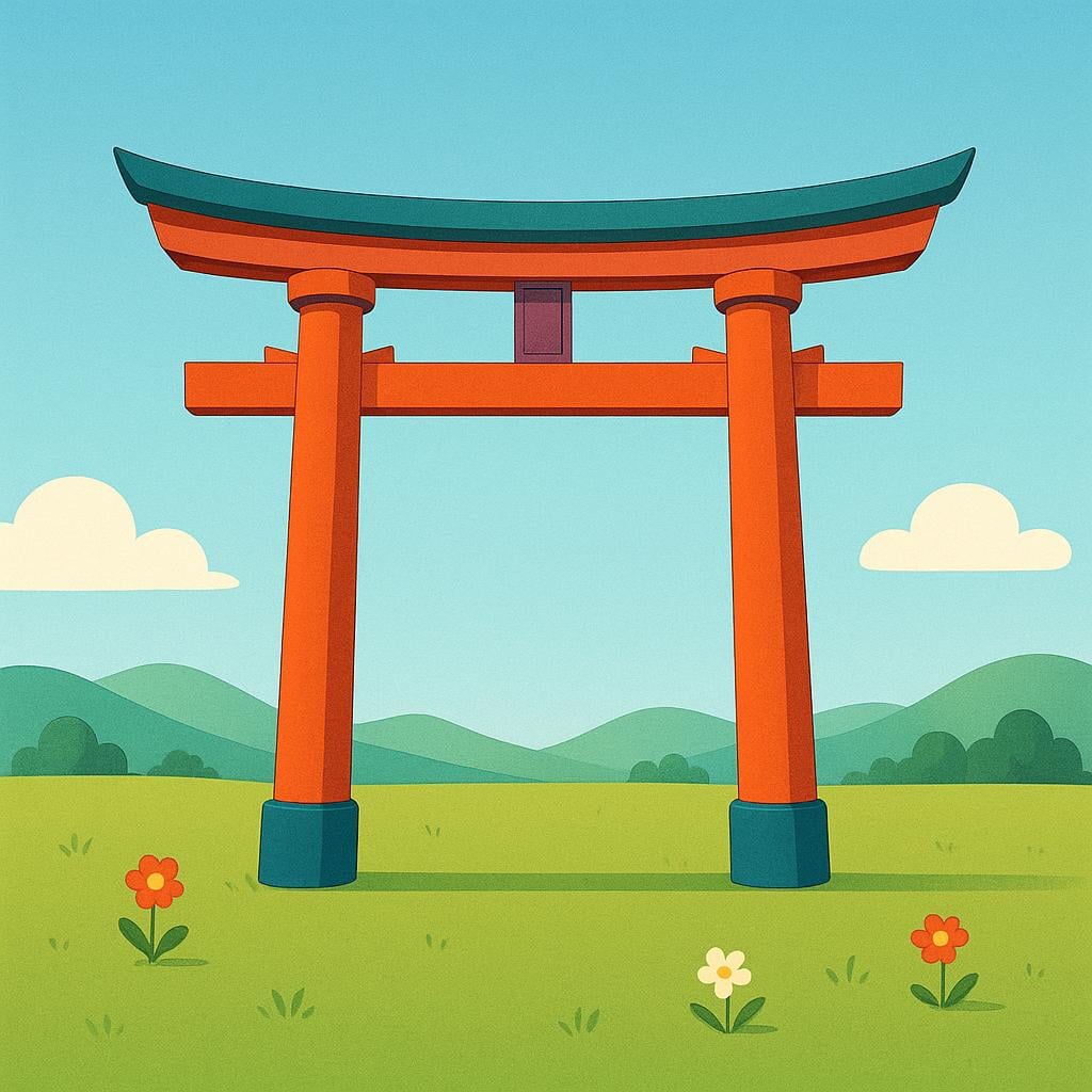 A vibrant red Japanese torii gate standing alone in a simple, generic green field under a blue sky, illustrating something foreign to the setting.