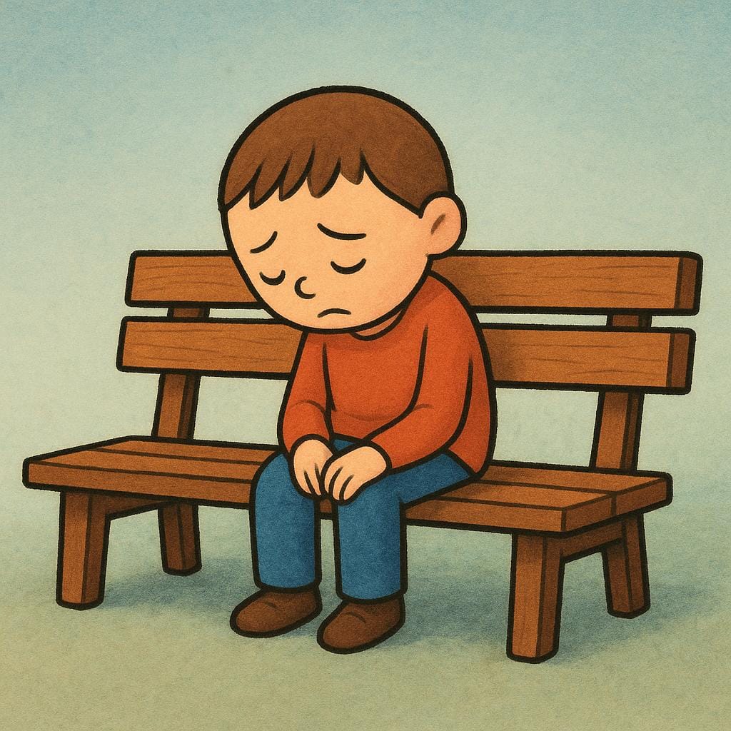 Una piccola figura semplificata seduta da sola su una panchina di legno con la testa china e le spalle curve, che illustra una profonda delusione.