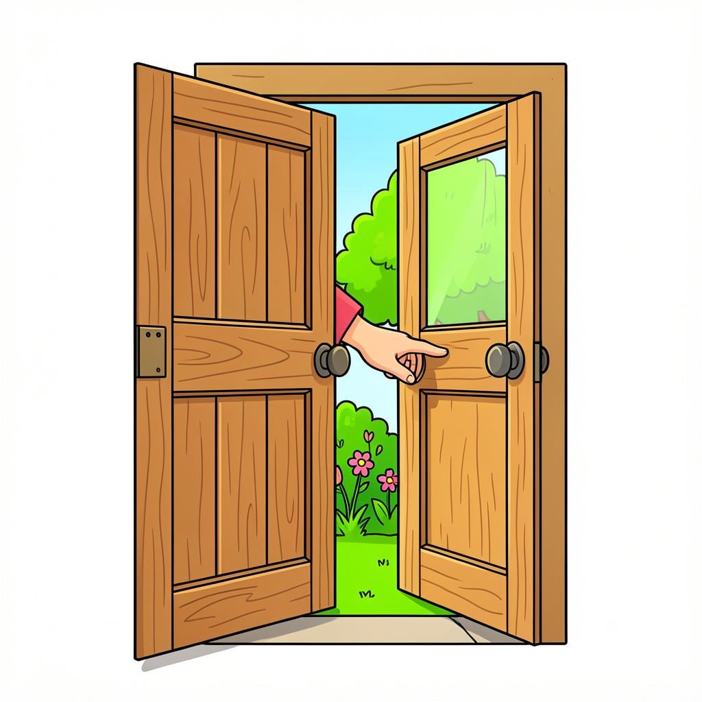 A simple storybook illustration of a hand pushing open a wooden door to reveal a bright garden.
