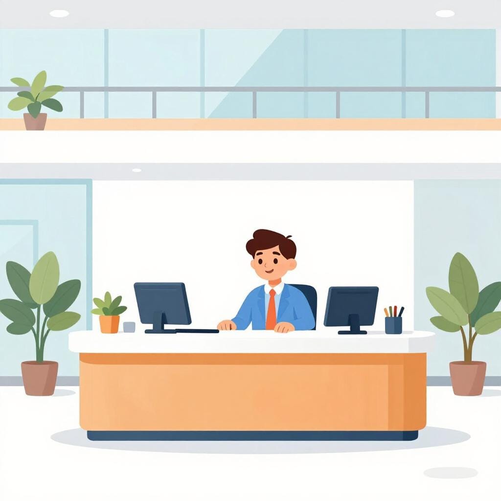 Ein professioneller Service-Schalter in der Lobby eines großen Gebäudes, wo eine Person bereit ist, Besuchern zu helfen.