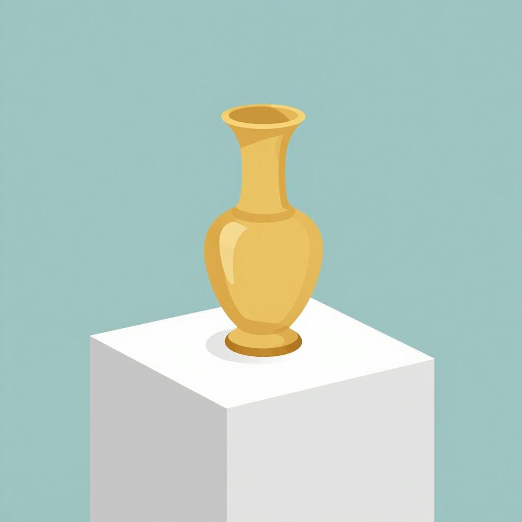 A shiny golden vase sitting on a white pedestal in the center of a clean room.
