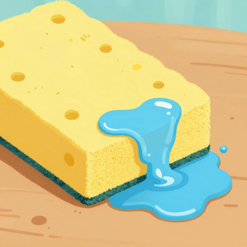 A yellow sponge sitting on a wooden surface, soaking up a small puddle of blue water.