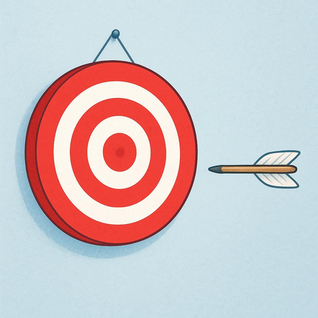 A bright red and white archery target hanging on a wall, with a single wooden arrow stuck into the wall several feet away from the target, showing a miss.