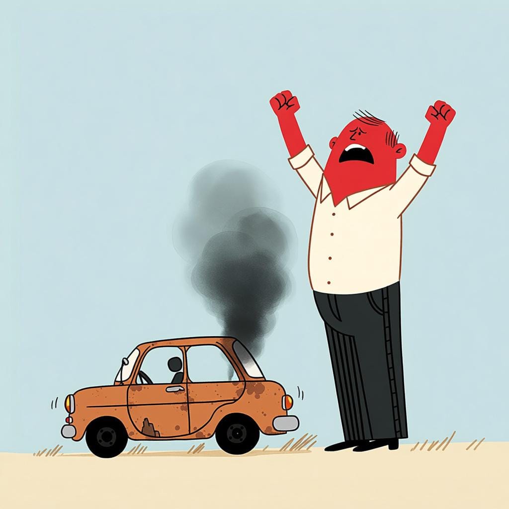 A highly frustrated man standing next to a small, broken-down car with the hood open, depicting annoyance.