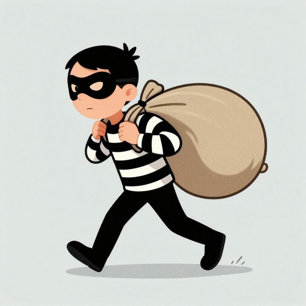 Une illustration de livre d'histoires d'une figure masquée marchant sur la pointe des pieds en portant un grand sac bombé sur son épaule.