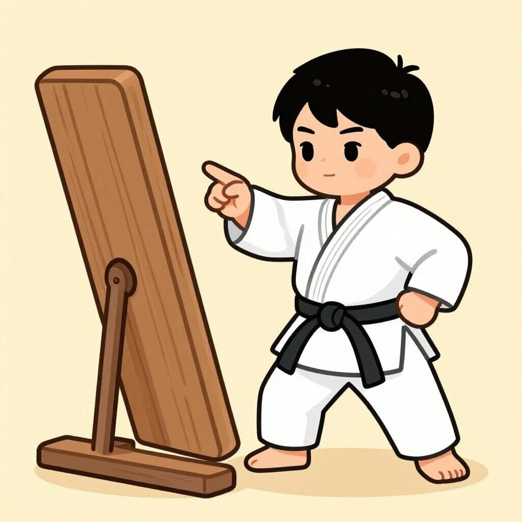 A child in a karate uniform pointing a finger at a wooden board, ready to strike it.