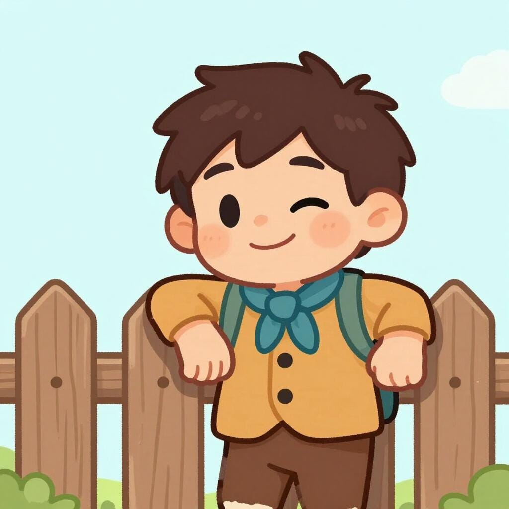 A messy-haired boy with a mischievous grin holding a half-eaten apple behind his back.