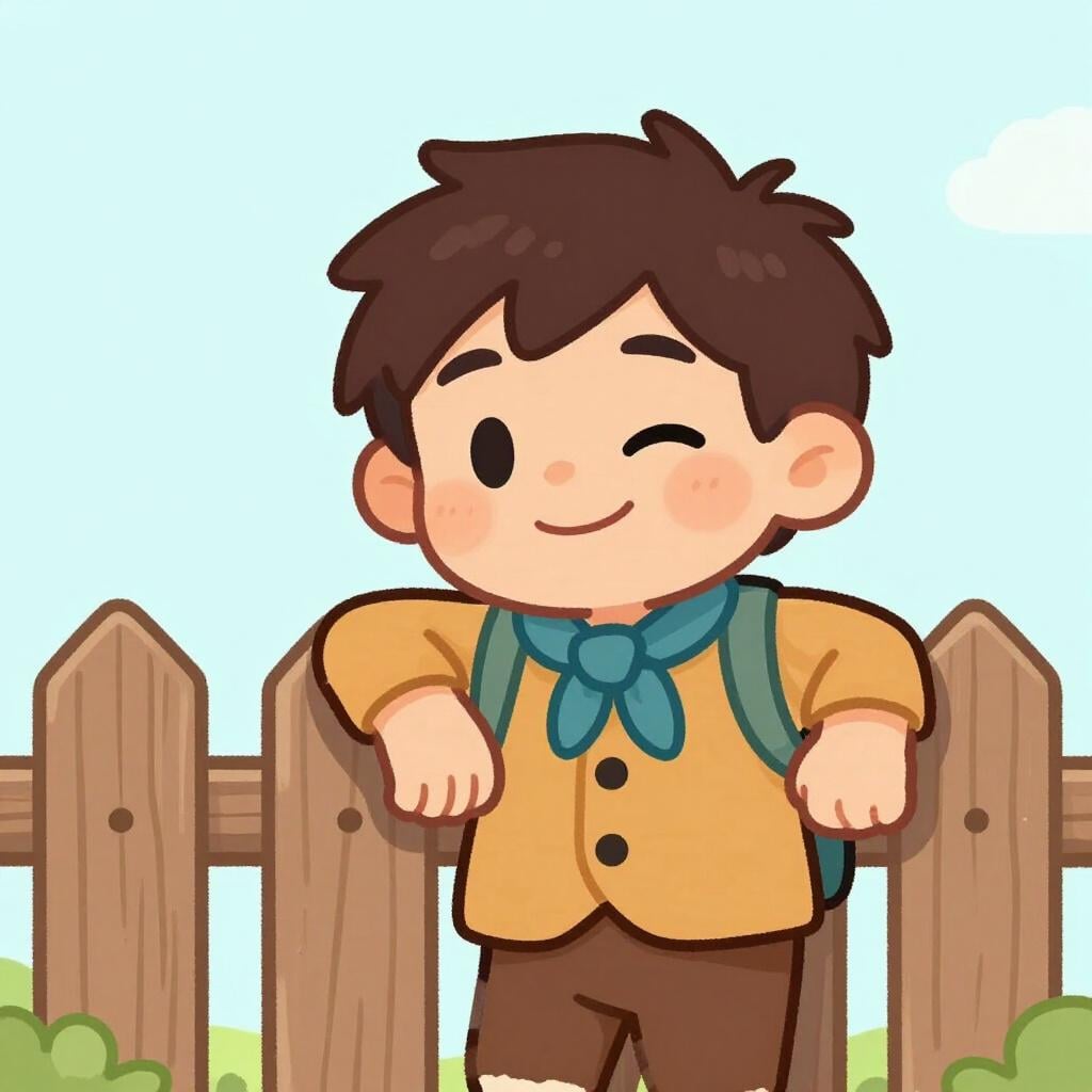 A messy-haired boy with a mischievous grin holding a half-eaten apple behind his back.