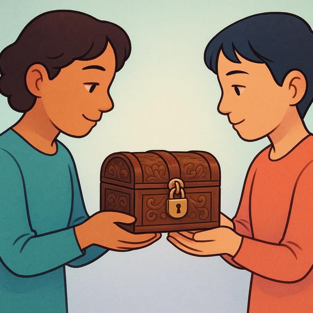 A storybook illustration depicting one person carefully handing a small, ornate, locked wooden chest to another person who is receiving it with great care, symbolizing entrusting a valuable item.