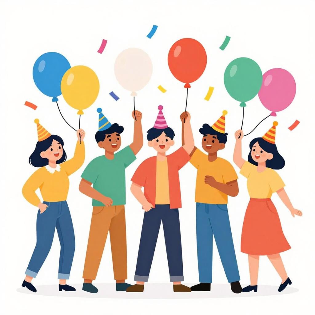 A group of happy people wearing colorful party hats and holding balloons while colorful confetti falls around them.