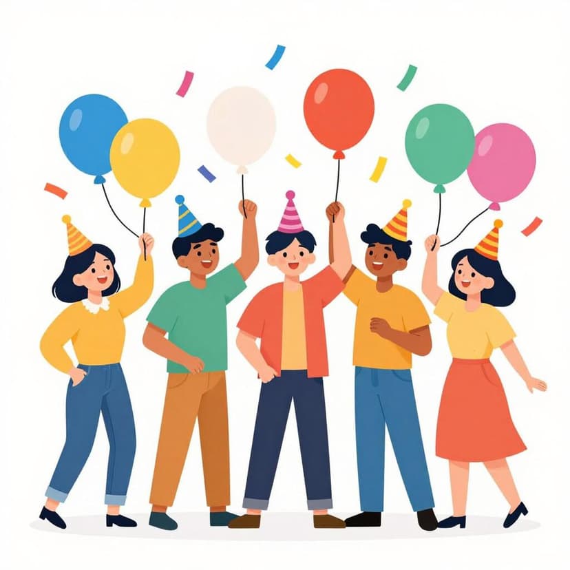 A group of happy people wearing colorful party hats and holding balloons while colorful confetti falls around them.