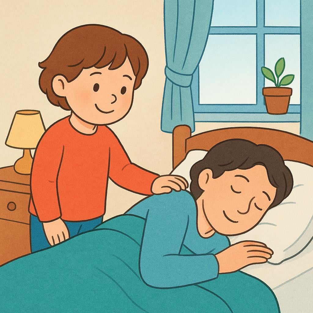 A small child gently touching the shoulder of a sleeping adult in a bed, attempting to wake them up. The room is bright.