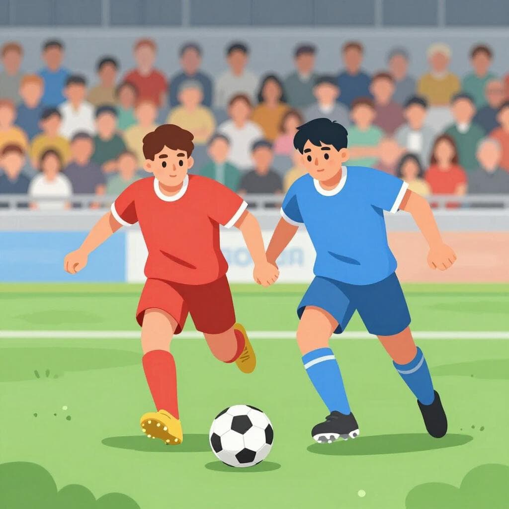 Deux joueurs de football de différentes équipes se disputant un ballon dans un grand stade, représentant un match avant-dernier.