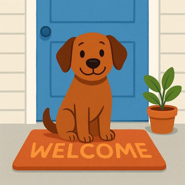 A loyal brown dog sitting patiently on a welcome mat in front of a brightly colored door, illustrating remaining in a physical location.