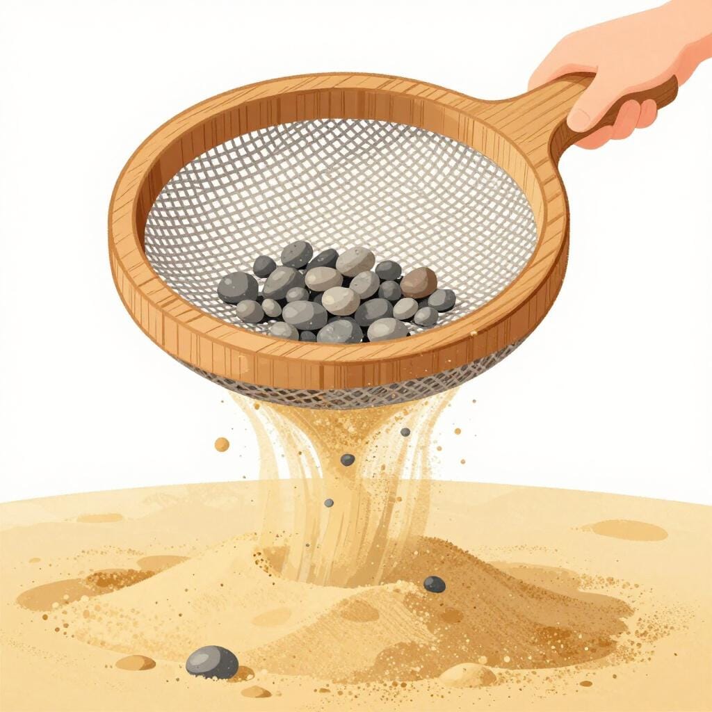 A person using a large sieve to separate small pebbles from fine golden sand.