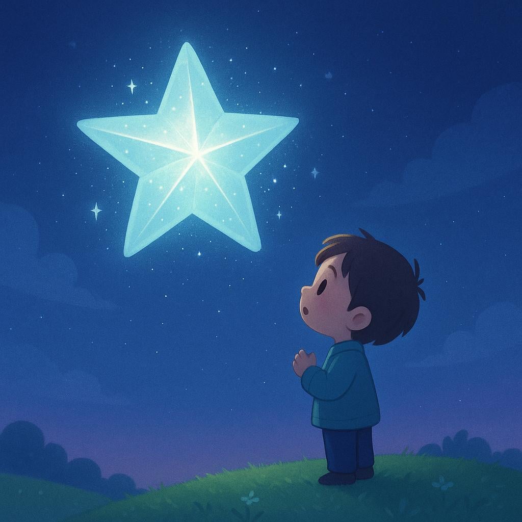 A brightly colored illustration of a small child looking up at a large, glowing, floating star in the night sky, their face expressing deep wonder and astonishment.