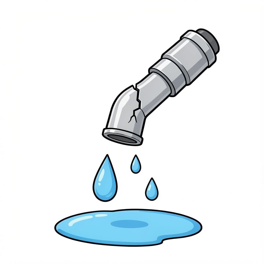 A metal pipe with water droplets dripping from a small crack into a puddle.