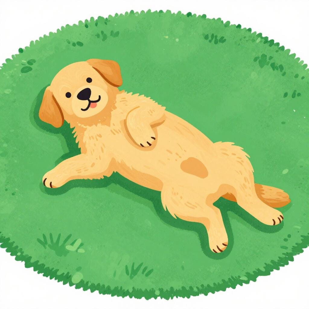 Un cane felice sdraiato su un morbido tappeto verde in una stanza accogliente.