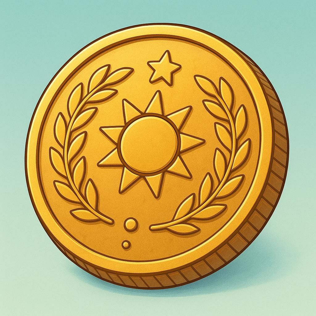 A close-up of a single, shiny, golden circular coin resting on a flat surface.