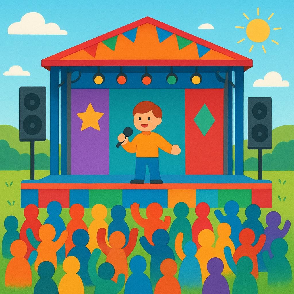 A simple storybook illustration of a lively outdoor music festival. A performer is on a large stage, and a diverse crowd of tiny, colorful people are gathered below, cheering.