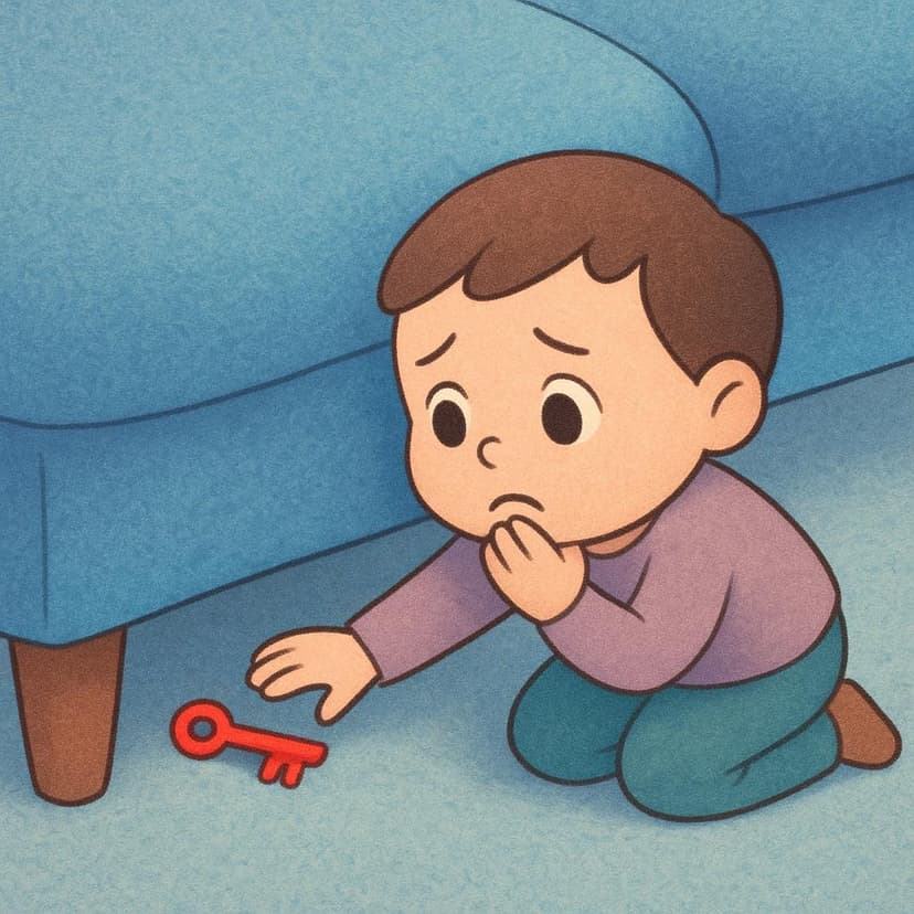 A small child looking distraught, searching frantically under a couch cushion for a lost toy, showing distress over a misplaced item.