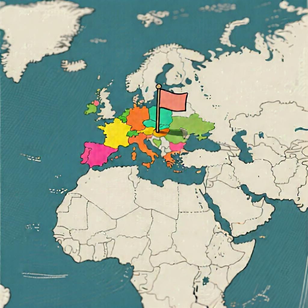 A simple map of a country with a flag planted in it, representing a political state.