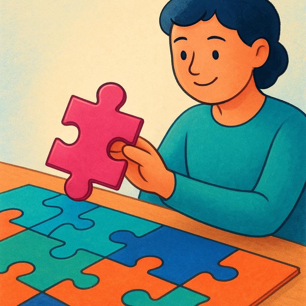 A person holding a brightly colored puzzle piece that is about to fit perfectly into a waiting space, symbolizing awareness or sudden knowledge.