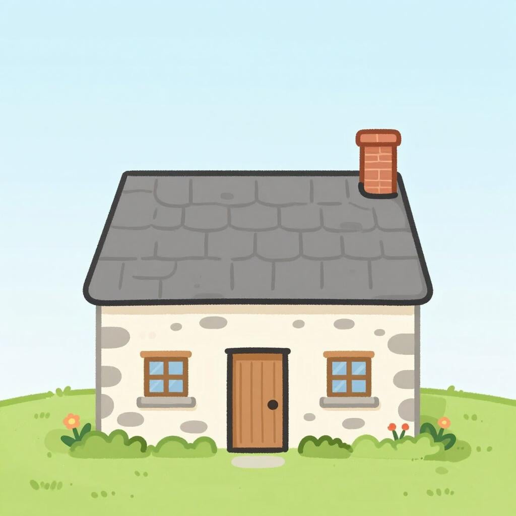 A small, cozy cottage with a thatched roof and a wooden door nestled in a green field.