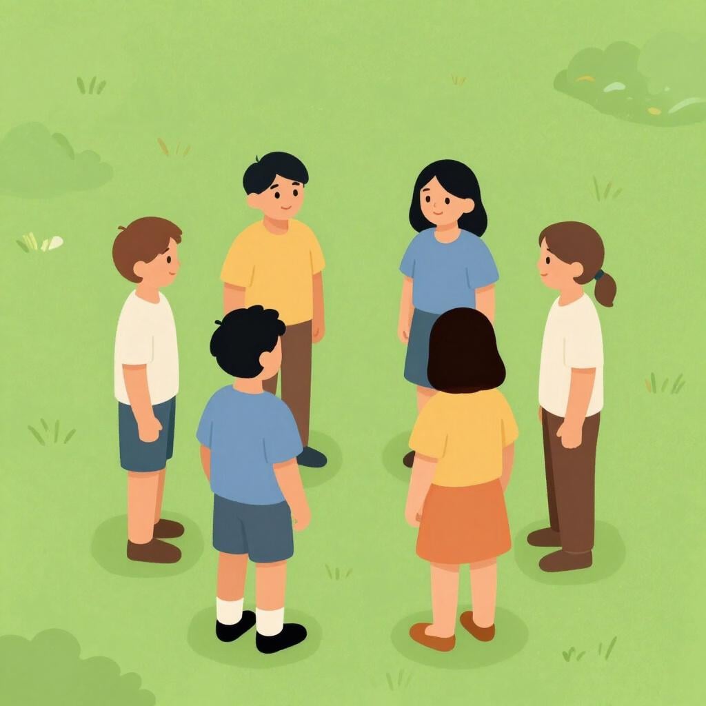 A small group of friends standing in a circle on a grassy park, talking to each other.