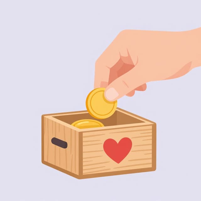 A friendly person dropping a gold coin into a wooden box with a heart symbol on it.
